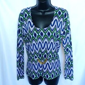 Mosca Womens Multicolor Floral Long Sleeve Sweater Sz M U- Neckline